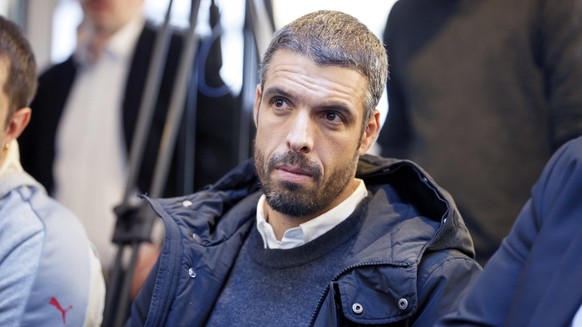 Fabio Celestini, coach of FC Lausanne-Sport, listens during a press conference announcing that Lausanne-Sport was bought by the company INEOS, in Rolle, canton of Vaud, Switzerland, on Monday, Novembe ...