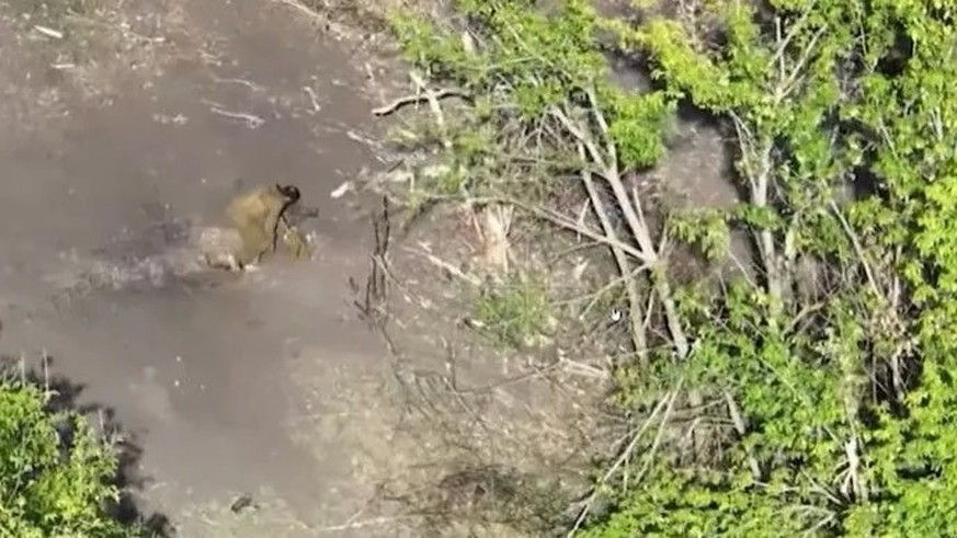 Cette image est tirée d'une vidéo filmée par un drone du régiment ukrainien «Achilles»: elle montrerait un soldat russe sortant d'un pipeline à Kupjansk.
