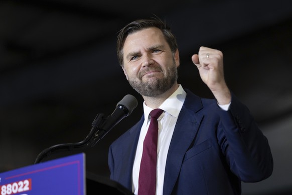 Republican vice presidential nominee Sen. JD Vance, R-Ohio, speaks during a campaign rally Saturday, Sept. 28, 2024, in Newtown, Pa. (AP Photo/Laurence Kesterson)
JD Vance