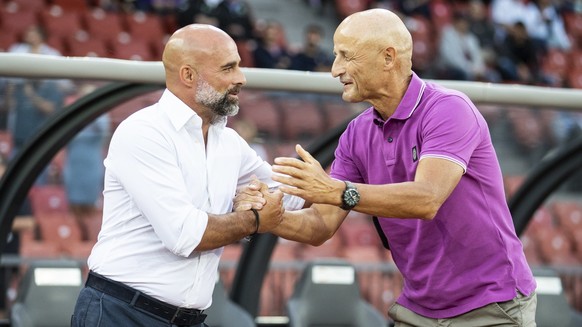 GC Trainer Giorgio Contini und St. Gallens Trainer Peter Zeidler, von links, im Fussball Meisterschaftsspiel der Super League zwischen dem Grasshopper Club Zuerich und dem FC St. Gallen 1879 im Stadio ...