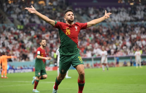 epa10352834 Goncalo Ramos of Portugal celebrates scoring the 5-1 during the FIFA World Cup 2022 round of 16 soccer match between Portugal and Switzerland at Lusail Stadium in Lusail, Qatar, 06 Decembe ...