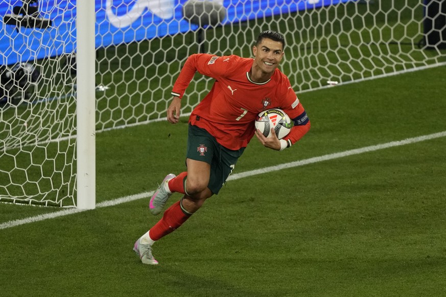 Portugal&#039;s Cristiano Ronaldo celebrates after scoring his side&#039;s second goal against Spain during the Nations League final soccer match between Portugal and Spain at the Allianz Arena in Mun ...