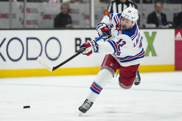 New York Rangers&#039; Alexis Lafreniere shoots during the second period of the team&#039;s NHL hockey game against the Anaheim Ducks on Wednesday, Nov. 23, 2022, in Anaheim, Calif. (AP Photo/Jae C. H ...