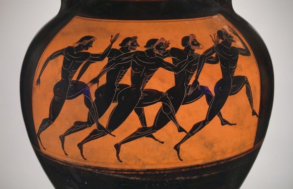 Anfora premio panatenaica raffigurante maratoneti ai Giochi Olimpici, 550-530 aC circa.  Trovato nella collezione del Metropolitan Museum of Art, New York.  Artista Euphiletos, pittore di vasi attico (VI secolo)