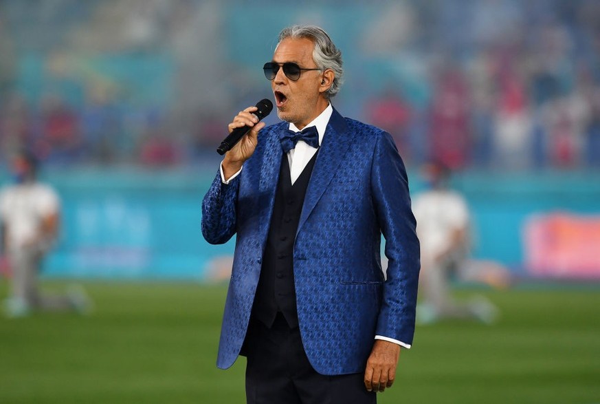 ROME, ITALY - JUNE 11: Tenor Andrea Bocelli performs Giacomo Puccini's 'Nessun dorma' ahead of the UEFA Euro 2020 Championship Group A match between Turkey and Italy at the Stadio Olimp ...