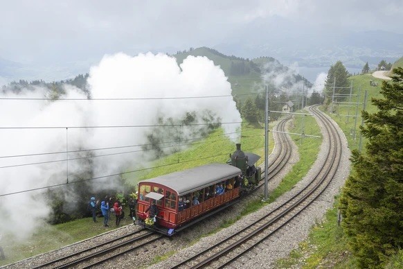 La locomotive à vapeur n° 7 gravit les pentes du Rigi lors de la parade ferroviaire célébrant les 150 ans de la ligne Arth-Rigi, le dimanche 8 juin 2025, à Goldau.