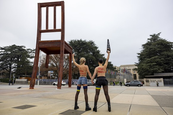 EDS NOTE: NUDITY: Activists of feminist group Femen protest to draw the world&#039;s attention to the inaction of the United Nations on the war in Ukraine and demand Russia&#039;s expulsion from the U ...