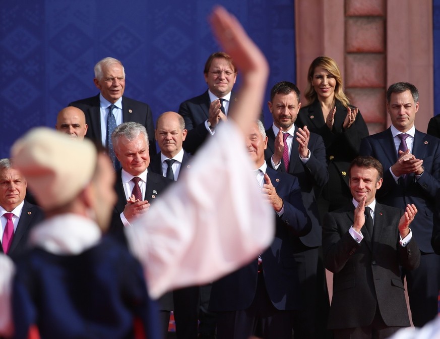 Leaders of EU and Western Balkans countries watch a traditional dance performance during the EU-Western Balkans summit in Tirana, Albania, 06 December 2022. Leaders of the European Union (EU) and thei ...