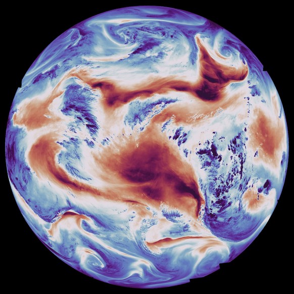 L'image montre la Terre depuis l'orbite géostationnaire, à environ 36 000 km de la surface de la planète. Les couleurs bleues correspondent aux régions de l'atmosphère où l'humidité est plus élevée.
