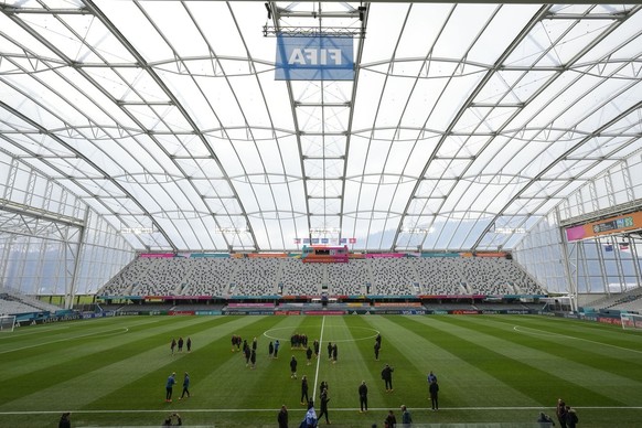 Switzerland&#039;s players walk on the pitch of Dunedin&#039;s Forsyth Barr Stadium ahead of the Women&#039;s World Cup soccer match between the Philippines and Switzerland in Dunedin, New Zealand, Th ...