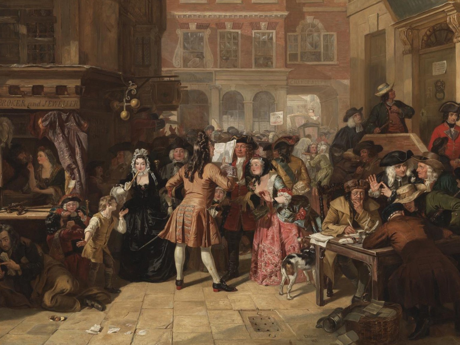 Chaque personne ayant un peu d’argent à dépenser pouvait investir dans des actions. Scène dans la «Change Alley» de Londres. Ce tableau d’Edward Matthew Ward de 1847 a pour thématique la bulle des mer ...