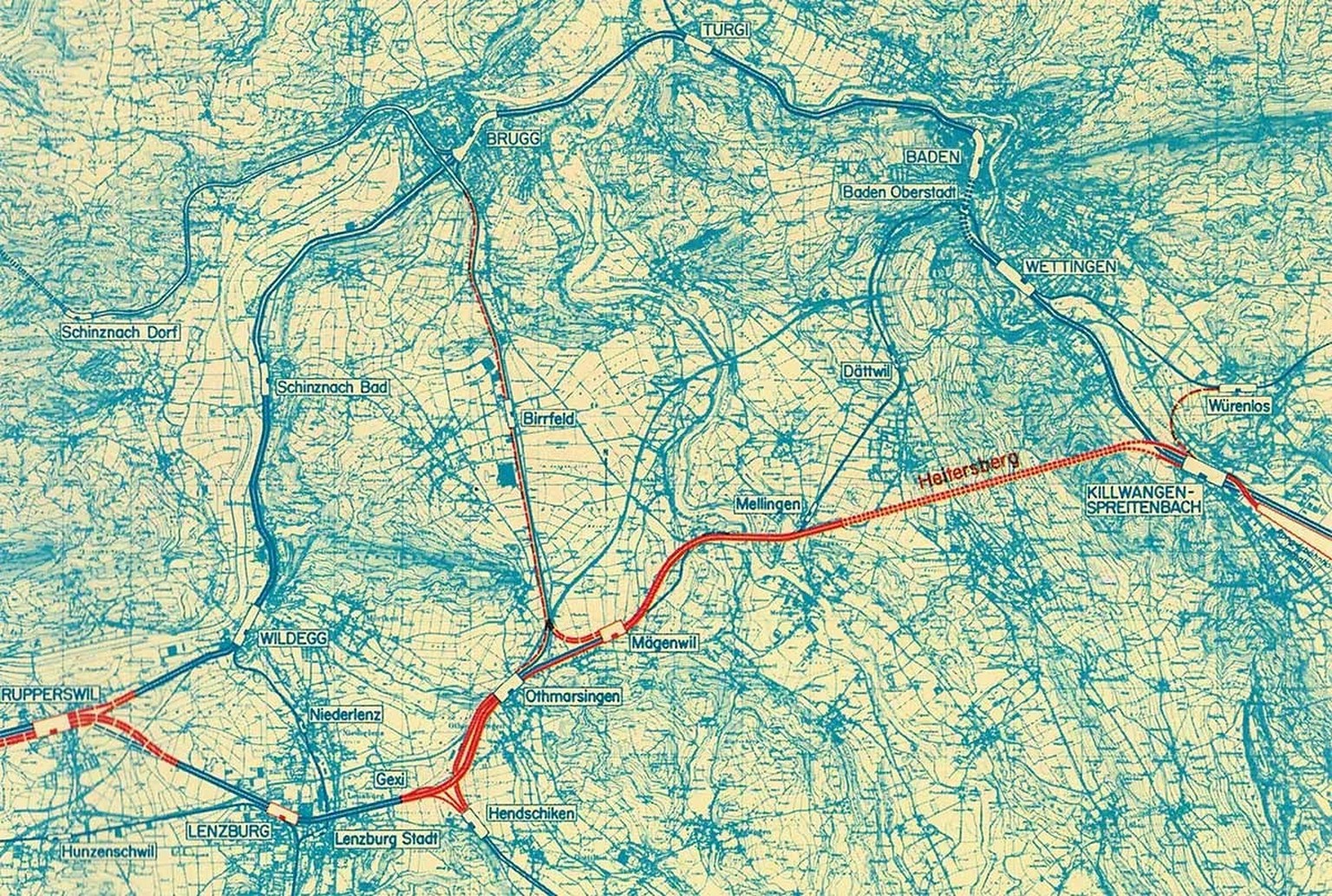 La ligne de l’Heitersberg relie Lenzbourg à Killwangen-Spreitenbach. Carte de 1975.