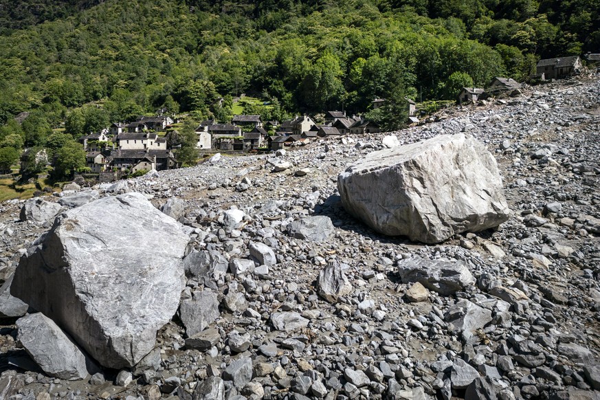The village Fontana is seen next to a massive landslide in Fontana, in Val Bavona in the Maggia Valley, with giant rocks, in Foana, near Cevio in the Maggia Valley, southern Switzerland on Thursday Ju ...