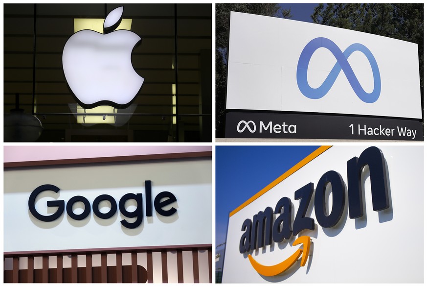 This photo combo of images shows logos for Apple, Meta, Google and Amazon. The House on Thursday, Sept. 29, 2022, approved sharply scaled-down legislation targeting the dominance of Big Tech companies ...