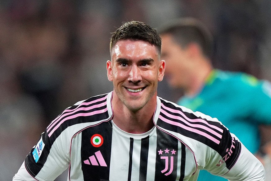 Juventus&#039; Dusan Vlahovic celebrates after scoring 2-0, during the Italian Serie A soccer match between Juventus and Udinese at Alliance Stadium in Turin, Italy, Sunday, May 18 , 2025. (Spada/LaPr ...