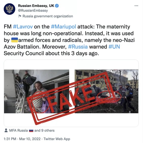 Une publication de l’ambassade de Russie au Royaume-Uni contestant les images du bombardement de la maternité de Marioupol (version archivée).
