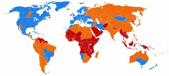 L&#039;heure d&#039;été (bleu) est connue surtout en Europe et en Amérique du Nord. Dans de nombreux pays, il a été aboli (orange) ou jamais introduit du tout (rouge).