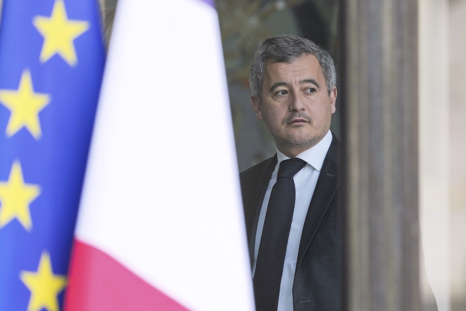 FILE - France&#039;s Justice minister Gerald Darmanin looks on as he leaves the weekly cabinet meeting, Wednesday, Feb. 19, 2025 at the Elysee Palace in Paris. (AP Photo/Thibault Camus, File)
France P ...