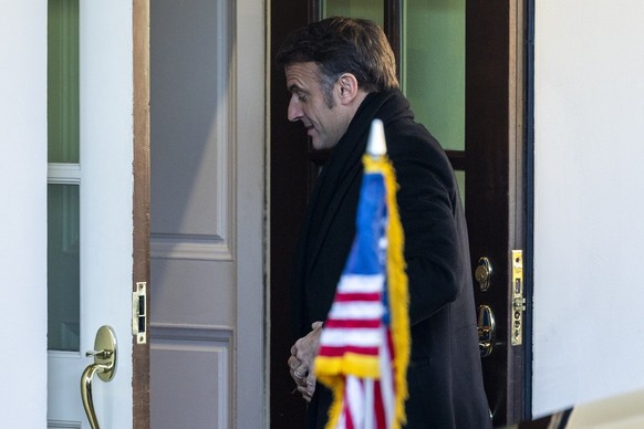 epa11921363 French President Emmanuel Macron arrives to participate in a G7 Leadership Summit call with US President Donald J. Trump at the White House in Washington, DC, USA, 24 February 2025. EPA/SH ...