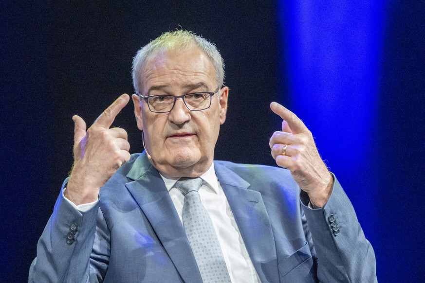 Der Schweizer Bundespraesident Guy Parmelin bei einem Gespraech, anlaesslich des Swiss Media Forum vom Donnerstag, 7. Mai 2026 im KKL in Luzern. (KEYSTONE/Urs Flueeler)