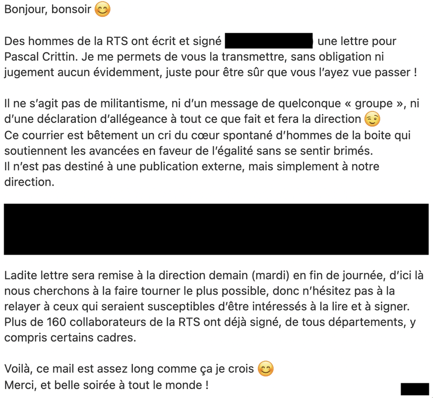 Un des courriers électroniques ayant tourné au sein de la RTS.