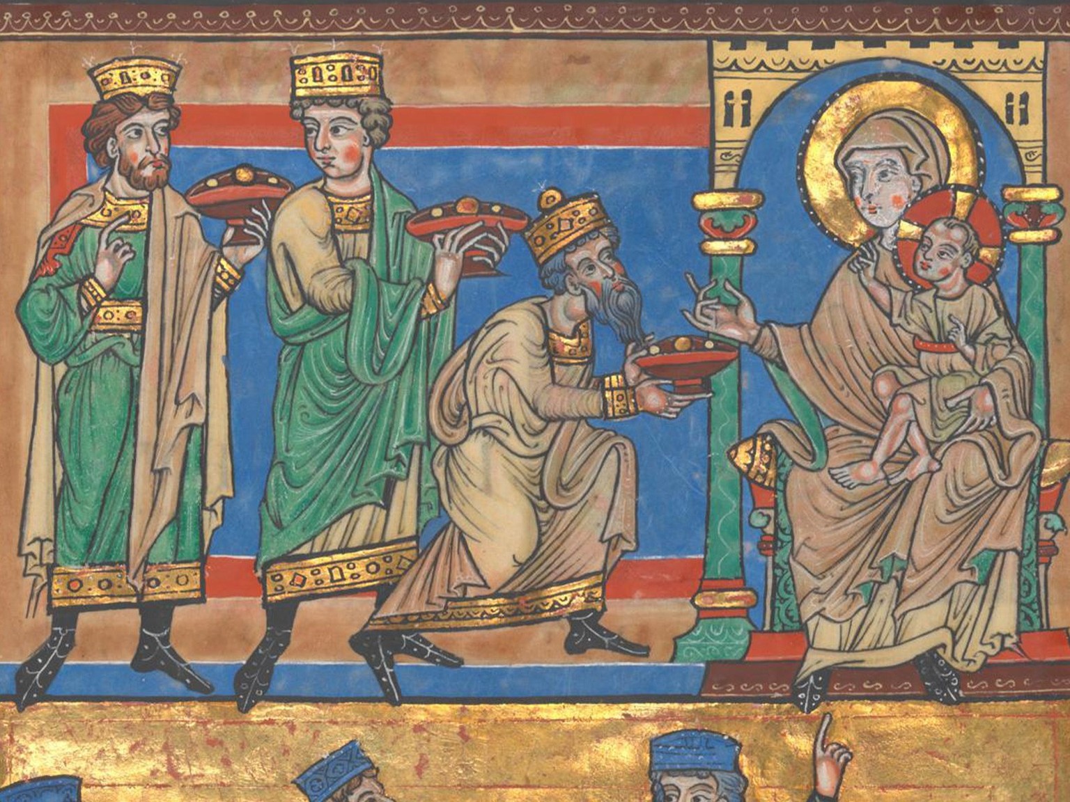 Les Rois mages apportent de riches présents à l’Enfant Jésus. Représentation issue du Codex d’or de l’Escurial, vers 1220.
https://digital.blb-karlsruhe.de/blbdd/content/pageview/1217340