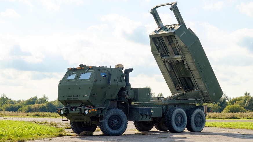 RIGA, LATVIA, SEPTEMBER 2022 - US Army HIMARS M142 High Mobility Artillery Rocket System is delivered for army exercises