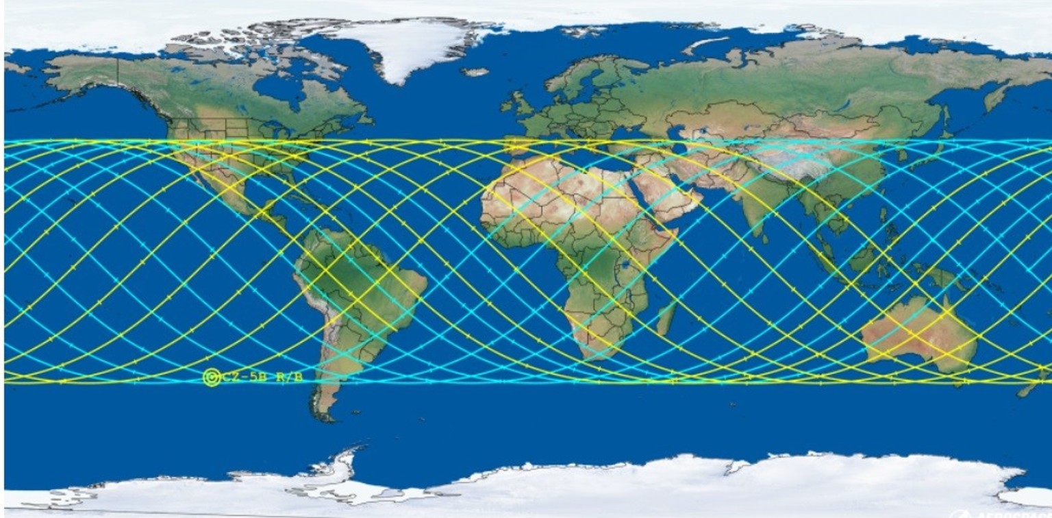 «La rentrée se fera le long de l'une des trajectoires présentées ici. Il est encore trop tôt pour déterminer une empreinte significative des débris», indique l'Aerospace Corporation.