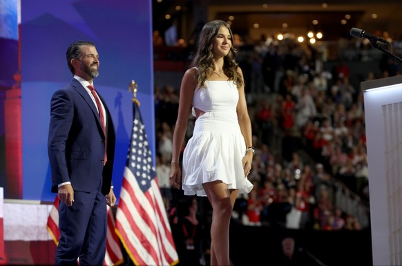 MILWAUKEE, WI JULY 17, 2024 -- Kai Madison Trump, daughter of Donald Trump Jr. walks across the stage while her father Donald Trump Jr. looks on during the Republican National Convention on Wednesday, ...