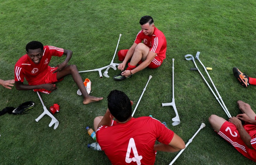 epa10803296 Palestinian amputee soccer players take part in the unity amputation football championship final 2023 between Al-Quds and Haifa teams, supported by the International Committee of the Red C ...