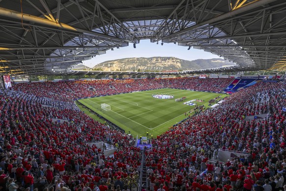 Interior view of the Stade de Geneve stadium prior to the UEFA Women&#039;s EURO 2025, group A, soccer match between Finland and Switzerland in Geneva, Switzerland, Thursday, July 10, 2025. (Martial T ...
