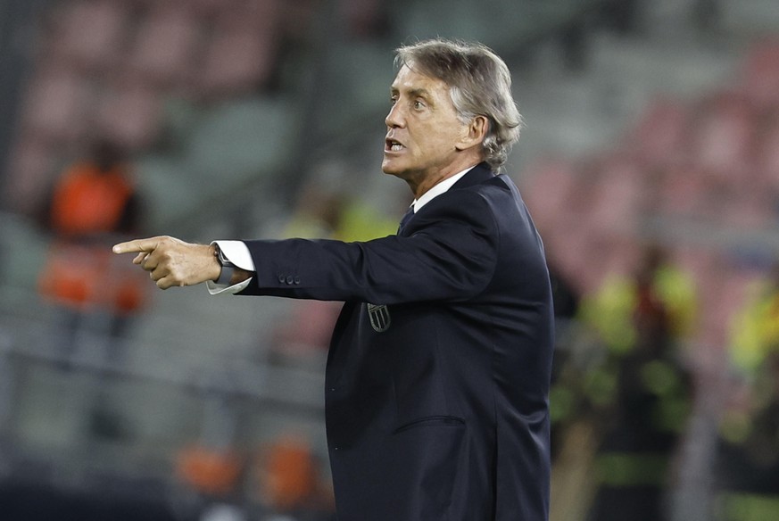 epa13283510 Italy's head coach Roberto Mancini reacts during the UEFA Nations League soccer match between Italy and Turkey at Renato Dall'Ara stadium in Bologna, Italy, 05 October 2026. EPA/ ...