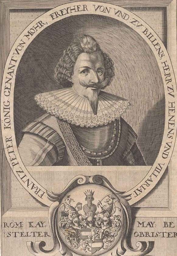 Gravure sur cuivre de François Pierre Koenig, attribuée à David Custos, vers 1630.
https://commons.wikimedia.org/wiki/File:Portret_van_Fran%C3%A7ois_Pierre_K%C3%B6nig_Frantz_Peter_K%C3%B6nig_genant_vo ...