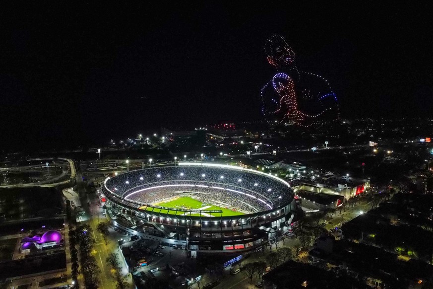BUENOS AIRES, ARGENTINA - OCTOBER 6: A drone show form the image of Lionel Messi of Argentina after the International Friendly match between Argentina and Benin at Estadio Monumental Antonio V. Libert ...