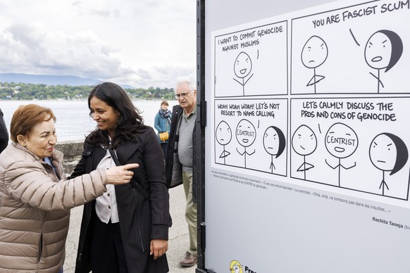 Laureate 2024 of the Kofi Annan Courage in Cartooning Award Rachita Taneja of India, right, and 2003 Nobel Peace Prize Iranian Shirin Ebadi, left, visit the exhibition "Dessins pour la liberte&qu ...