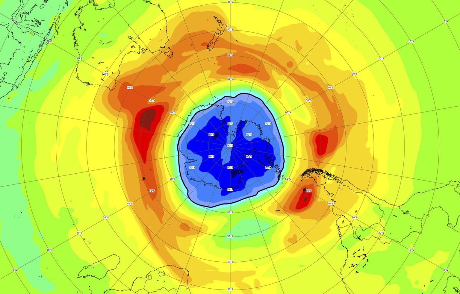 Cette image, fournie le jeudi 16 septembre 2021 par l'Agence spatiale européenne (ESA), montre une carte du trou dans la couche d'ozone au-dessus du pôle Sud le 16 septembre 2021. Les scientifiques di ...