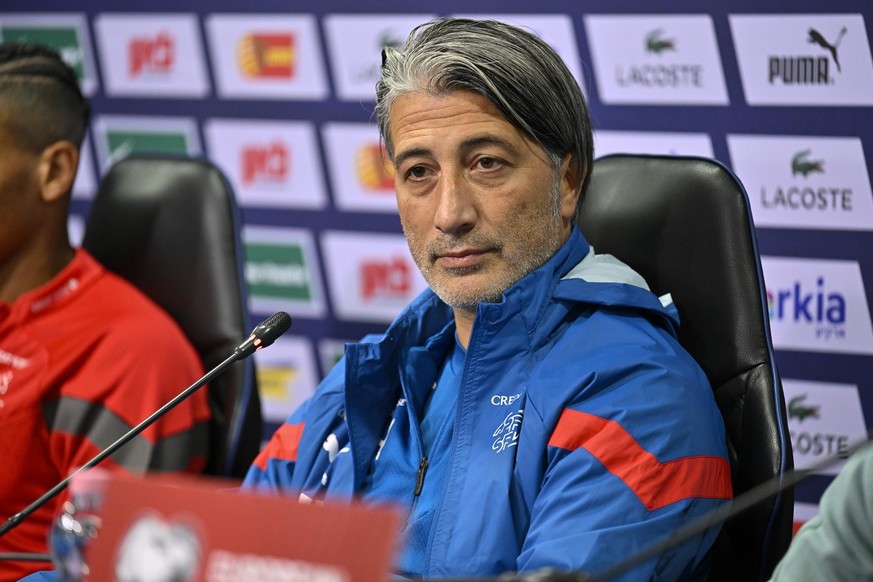 Switzerland&#039;s head coach Murat Yakin reacts during a press conference before the training session for the Euro 2024 group I qualifying soccer match between Israel and Switzerland at the Pancho Ar ...