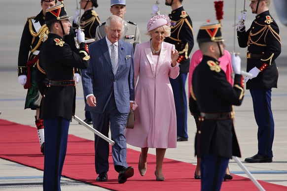 Britain&#039;s King Charles III and Camilla, the Queen Consort, arrive at Orly airport, Wednesday, Sept.20, 2023 outside Paris. King Charles III of the United Kingdom starts a three-day state visit to ...