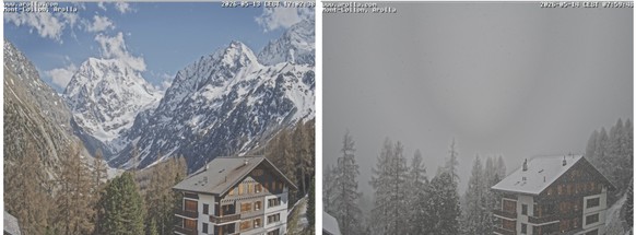 La petite mais charmante station d'Arolla (VS). A gauche la situation mercredi, puis la même vue jeudi matin.