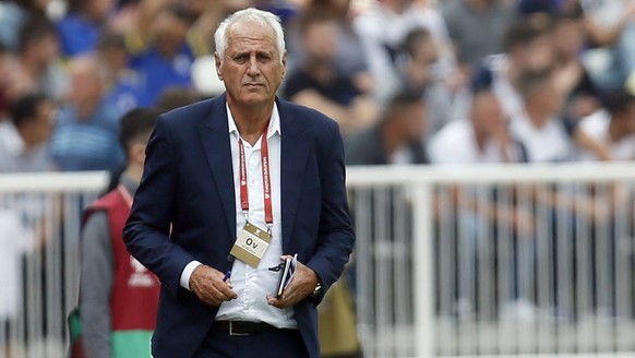 Kosovo coach Bernard Challandes looks out during the Euro 2020 group A qualifying soccer match between Kosovo and Czech Republic, at Fadil Vokrri stadium in Pristina, Kosovo, Saturday, Sept. 7, 2019.  ...