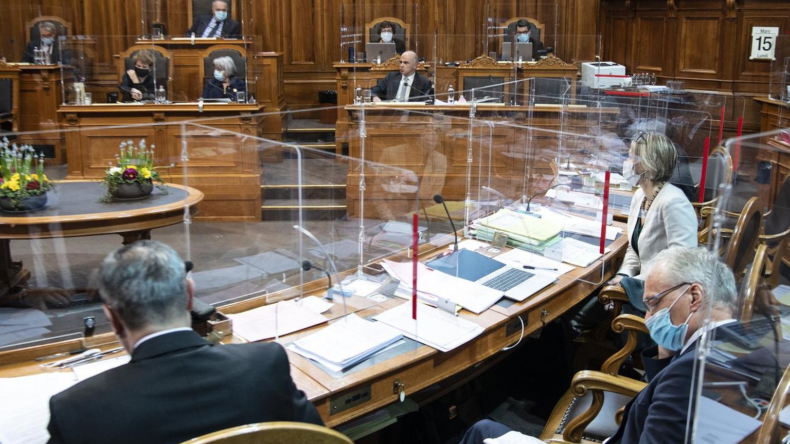 Der Staenderat beraet in der AHV Debatte an der Fruehlingssession der Eidgenoessischen Raete, am Montag, 15. Maerz 2021, in Bern. (KEYSTONE/Peter Schneider)