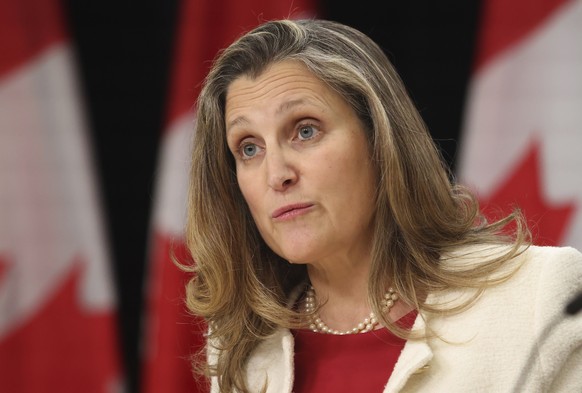 FILE - Minister of Finance and Deputy Prime Minister Chrystia Freeland speaks at a press conference in Ottawa, Ontario, Nov. 19, 2024. (Patrick Doyle/The Canadian Press via AP, File)
Chrystia Freeland