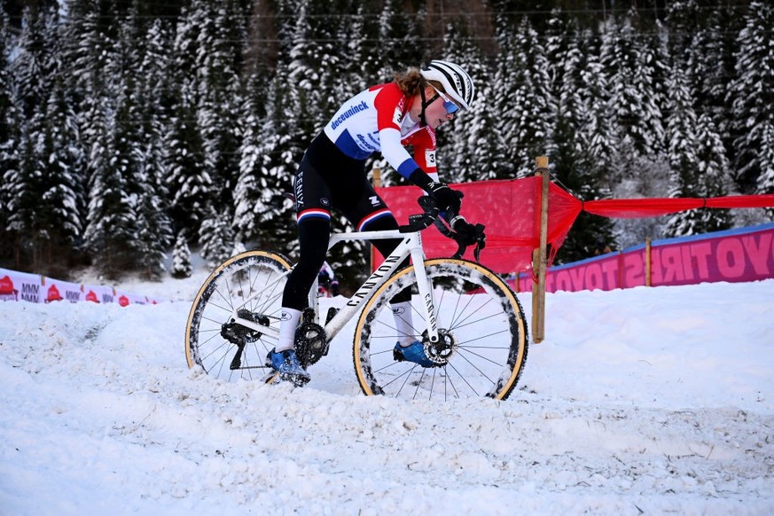 VAL DI SOLE, ITALY - DECEMBER 10: Puck Pieterse of The Netherlands and Team Fenix-Deceuninck competes during the 3rd UCI Cyclo-cross World Cup Val di Sole 2023 - Women&#039;s Elite on December 10, 202 ...