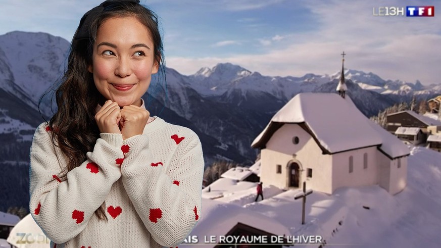 Pretty young woman sees something wonderful, tempting to buy, keeps hands under chin, looks with smile aside, remembers pleasant moment, dressed in casual jumper, poses against blue background