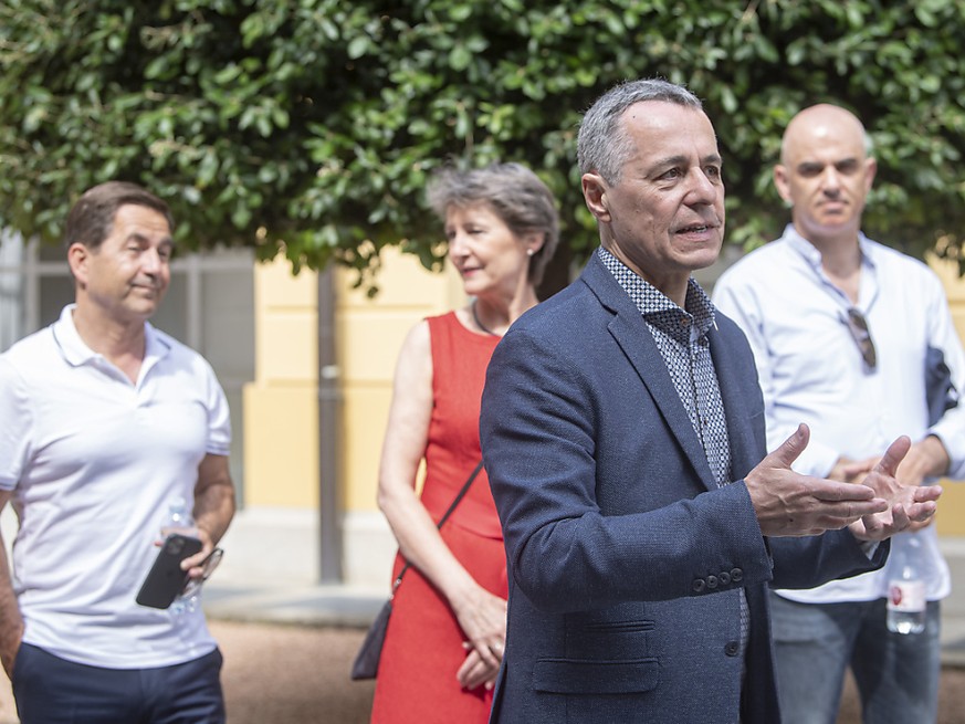 Le président de la Confédération Ignazio Cassis (au premier plan) à Mendrisio, avec derrière Simonetta Sommaruga, le chancelier de la Confédération Walter Thurnherr et sur sa gauche Alain Berset.