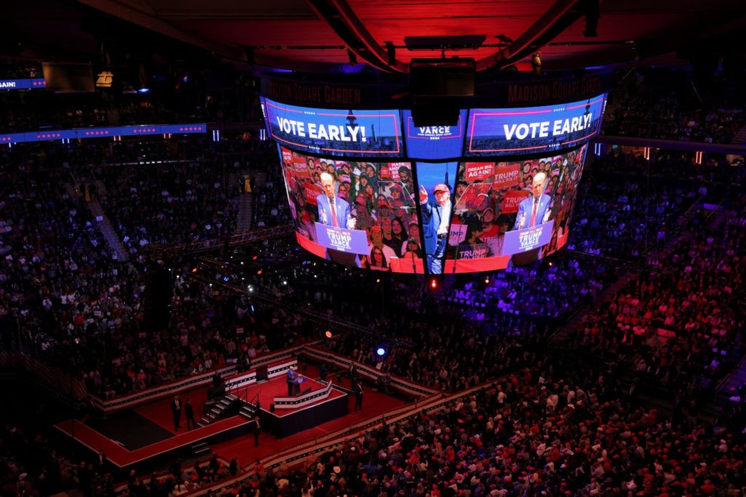 Republican presidential nominee and former U.S. President Donald Trump speaks on stage during a rally at Madison Square Garden, in New York, U.S., October 27, 2024. REUTERS/Andrew Kelly