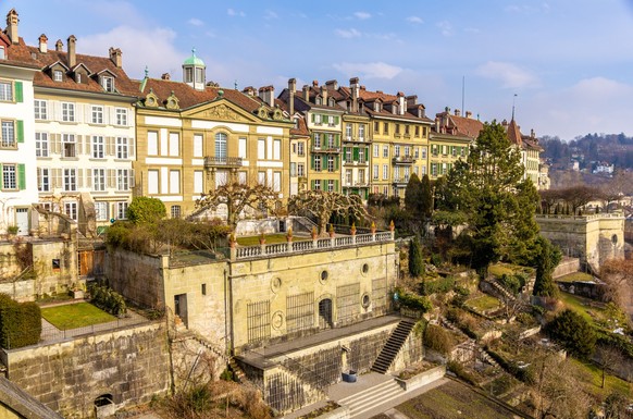 The riverside terrace of the Beatrice-von-Wattenwyl-Haus in Bern, Switzerland xkwx bern, switzerland, city, old, town, swiss, capital, europe, architecture, berne, building, travel, street, cityscape, ...