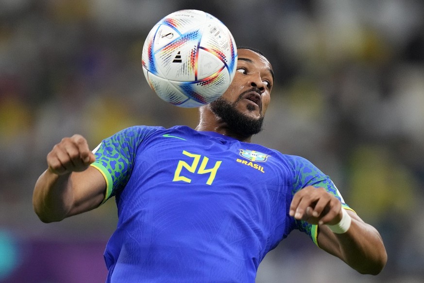 Brazil's Bremer controls the ball during the World Cup group G soccer match between Cameroon and Brazil, at the Lusail Stadium in Lusail, Qatar, Friday, Dec. 2, 2022. (AP Photo/Moises Castillo)