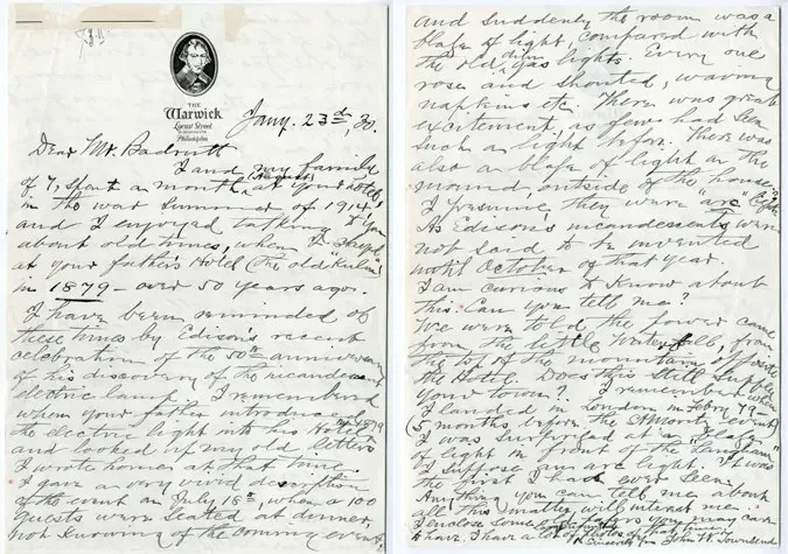 Lettre de John W. Townsend datée de 1930, relatant l’apparition de la première lumière électrique dans la salle à manger de l’hôtel Kulm, le 18 juillet 1879.