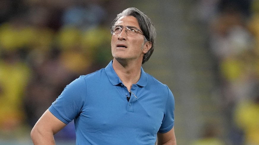 Switzerland&#039;s head coach Murat Yakin watches his team during the World Cup group G soccer match between Brazil and Switzerland, at the Stadium 974 in Doha, Qatar, Monday, Nov. 28, 2022. (AP Photo ...